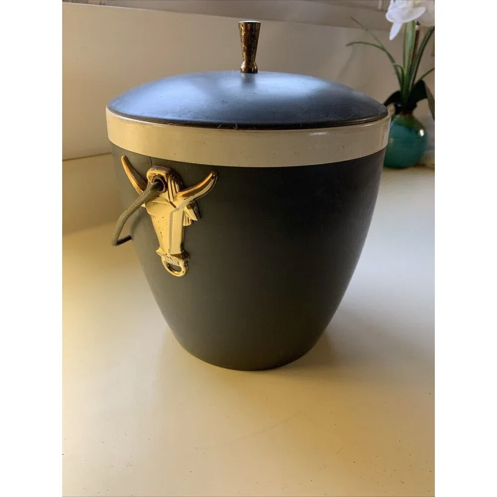 HFT Mid Century Gits Ware Ice Bucket Gray with Gold Longhorn Medallions and Trim